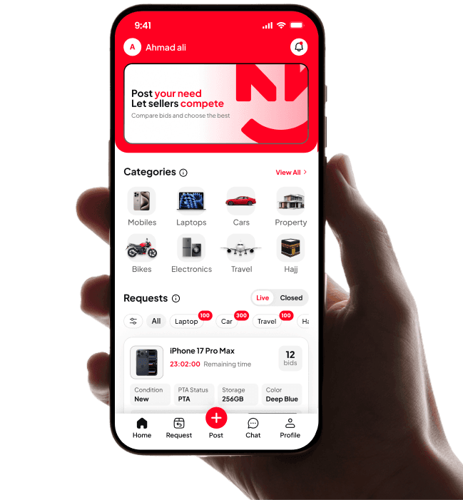 AuctionNow app showing categories and buyer requests